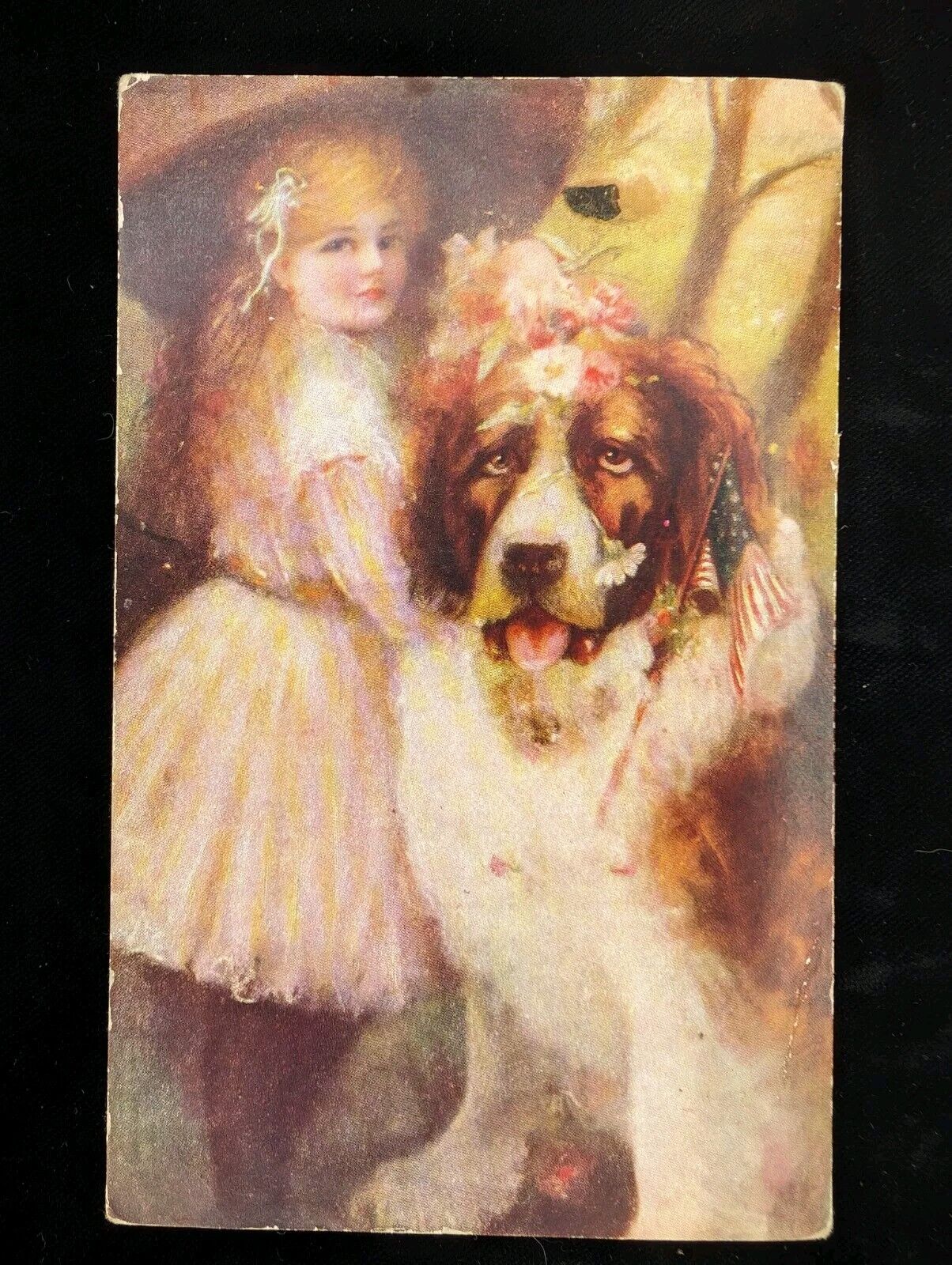 Antique Postcard Saint Bernard Dog Blonde Girl American Flag 1909 See Details 