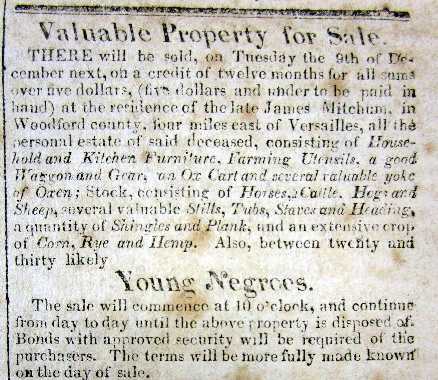 Rare original 1823 Frankfort KENTUCKY newspaper w Ad for SALE of NEGR0 SLAVES 