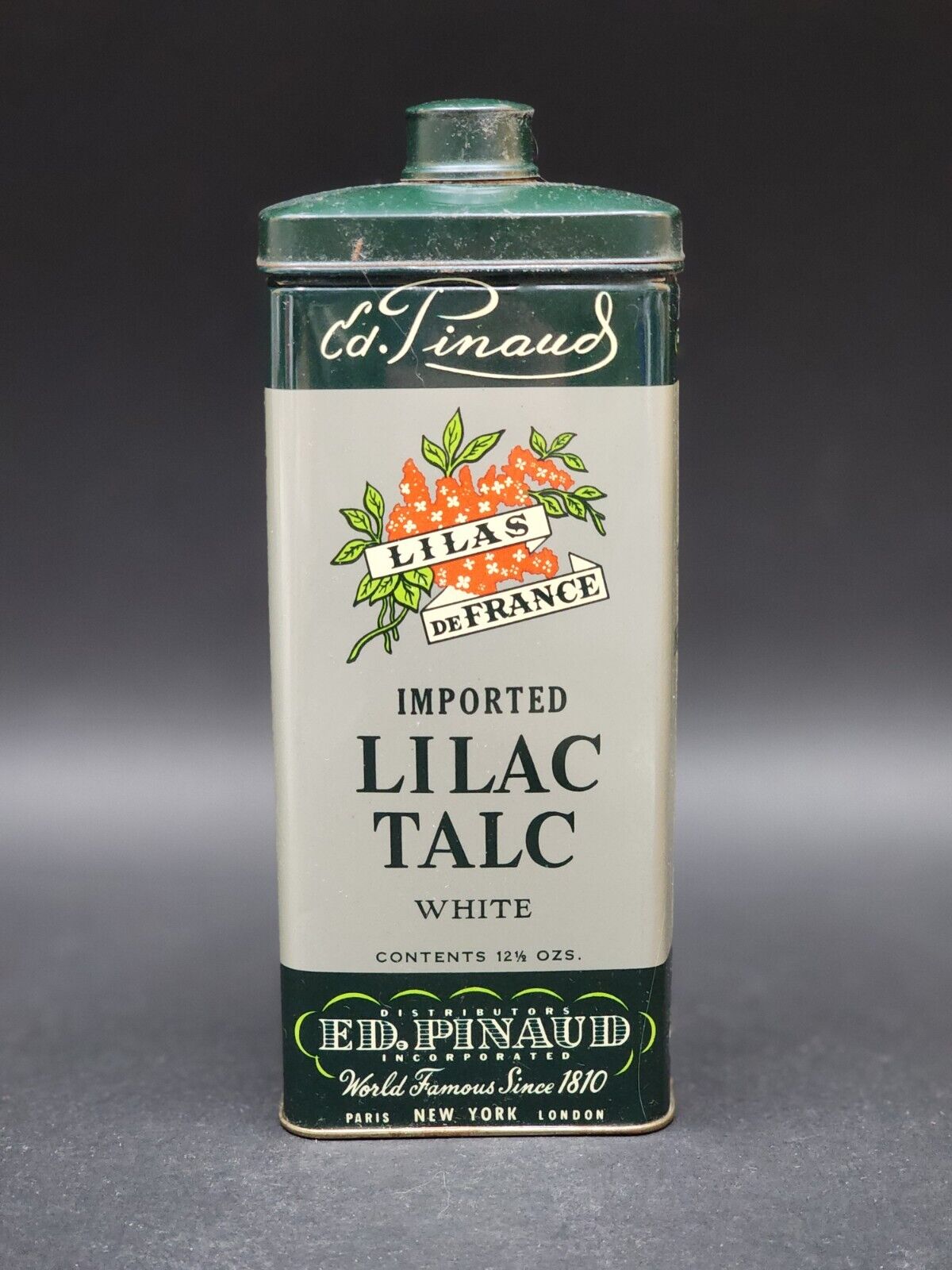 VINTAGE PINAUD LILAS DE FRANCE IMPORTED LILAC TALC ADVERTISING TIN 
