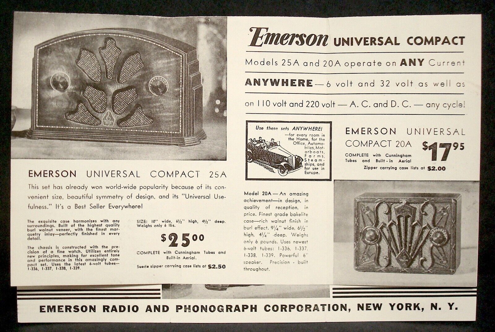 1933 EMERSON Radio COMPACT MODELS Correspondence & BROCHURE