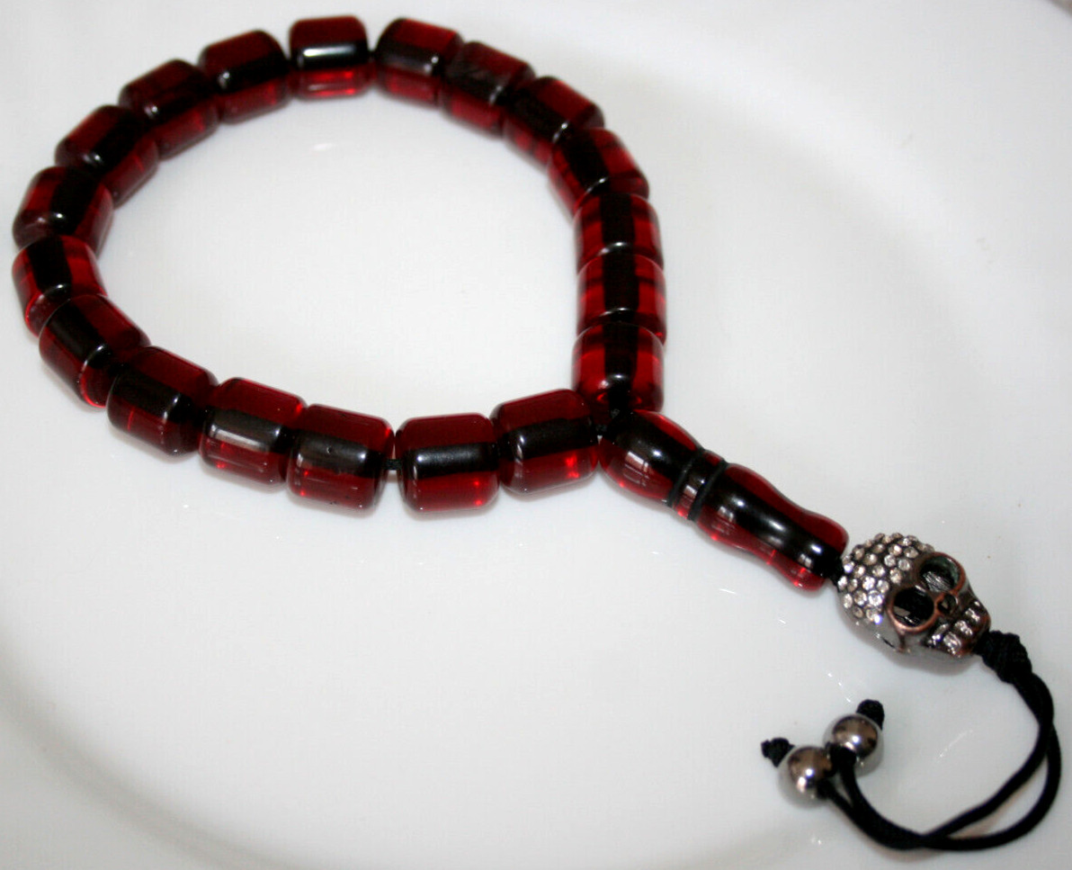 Vintage Rossary Red Faturan Handmade Bakelite Prayer 19 Beads w Scull