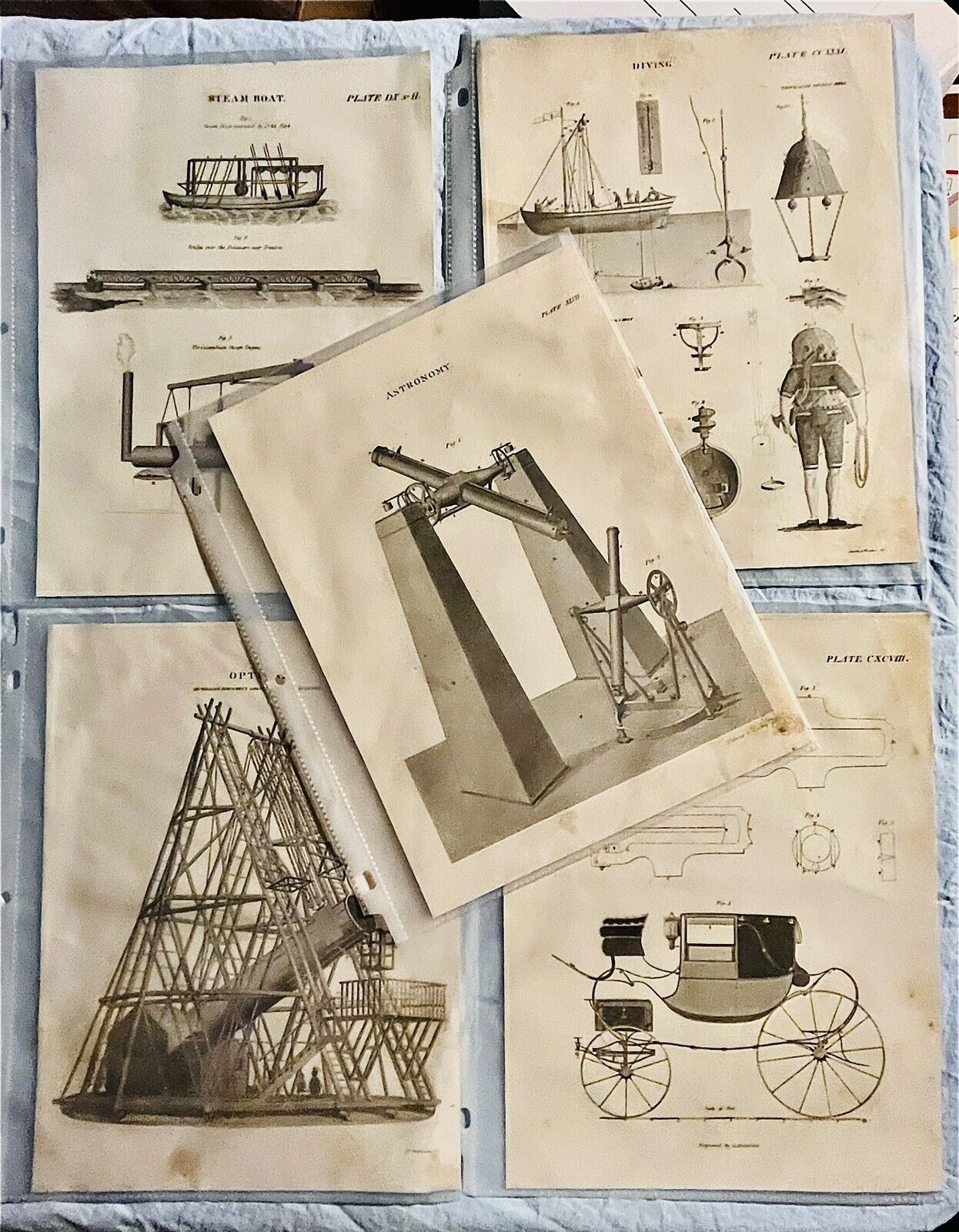 5 Antique Prints C. 1820 Diving Bell Telescope Astronomy Steam Boat Coach Making