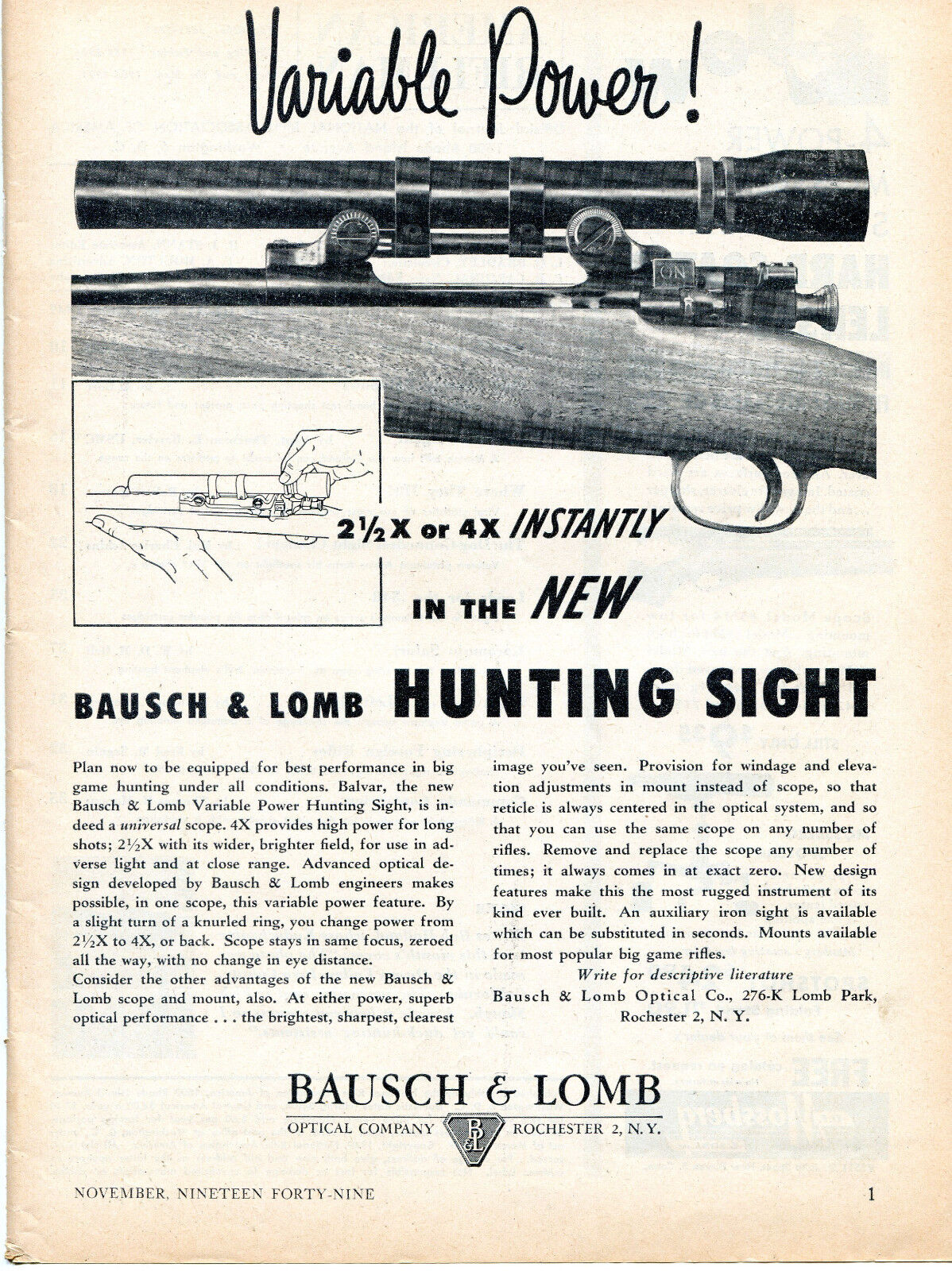 1949 Print Ad of Bausch & Lomb Balvar Hunting Rifle Sight