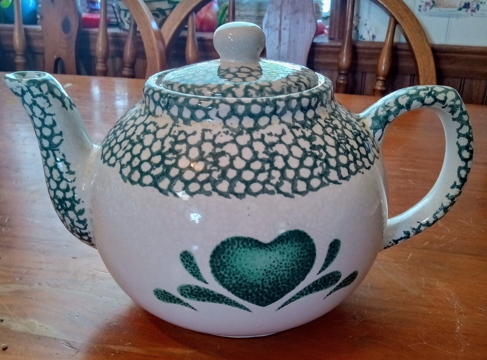 Vintage Teapot White Ceramic Green Heart, Green Speckle Country  Never Used.