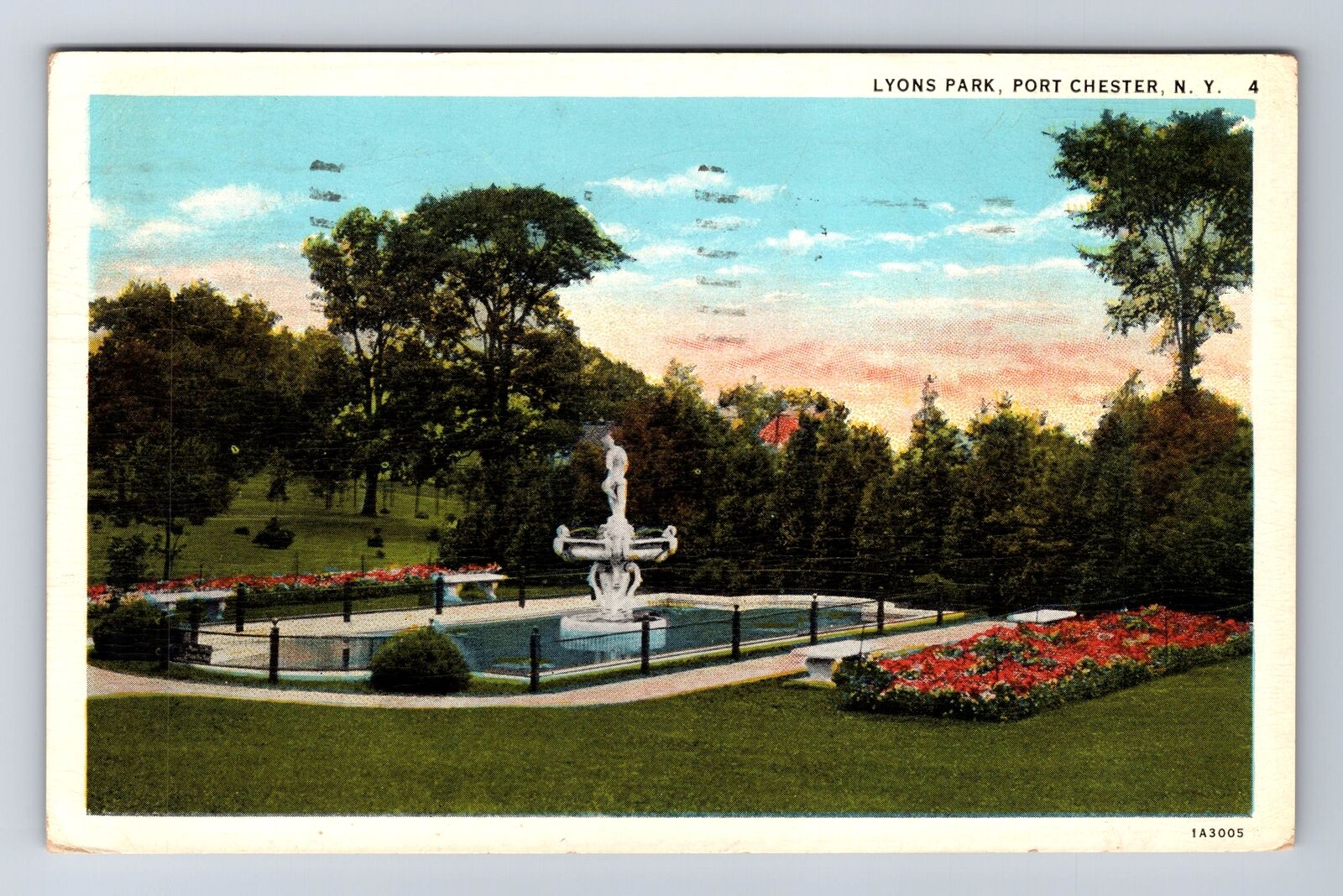 Port Chester NY-New York Lyons Park Fountain & Flower Bed Vintage c1932 Postcard