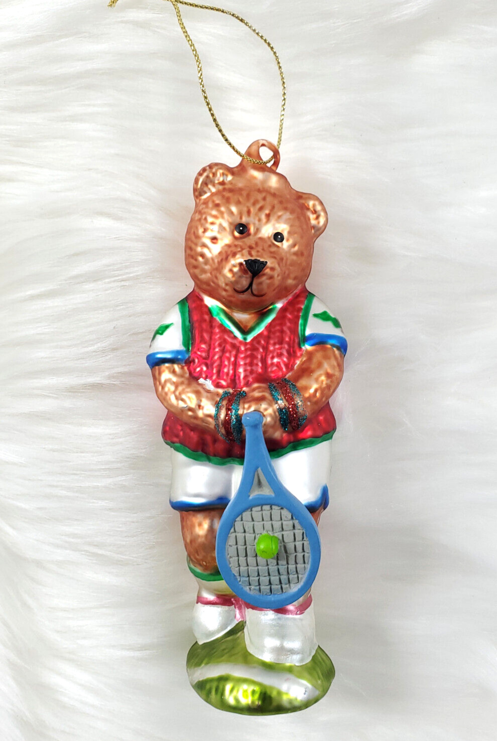 Vintage Blown Glass Bear Tennis Player Holiday Christmas Ornament