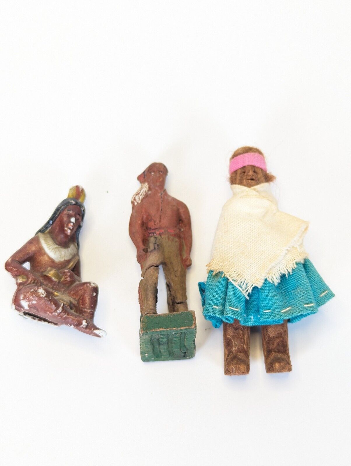 3 Antique Figurines Native American Miniatures Indigenous Ceramic, Wood, Bark 