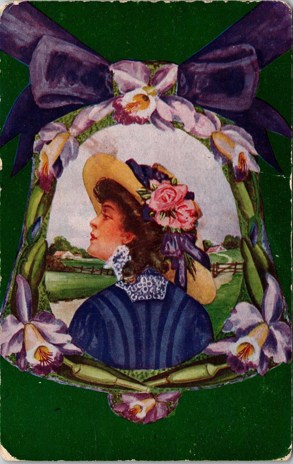 VINTAGE POSTCARD ELEGANT WOMAN HEAD DRESS INSIDE RIBBONED BELL IMAGE c. 1912