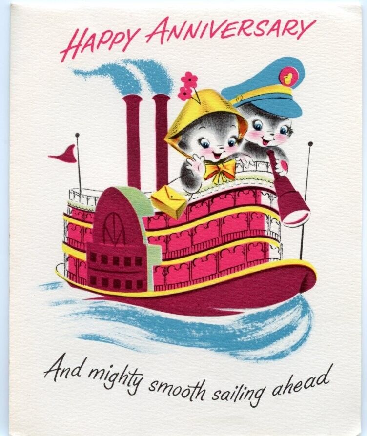 Vtg Norcross Anniversary Greeting PopUp Card Steamboat Smooth Sailing Used 1940s