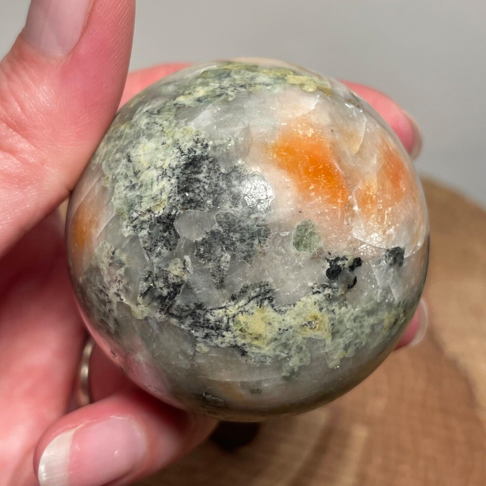 **No Stand** Calcite “Sunstone” Sphere with Mystery Green Mineral 194 Grams