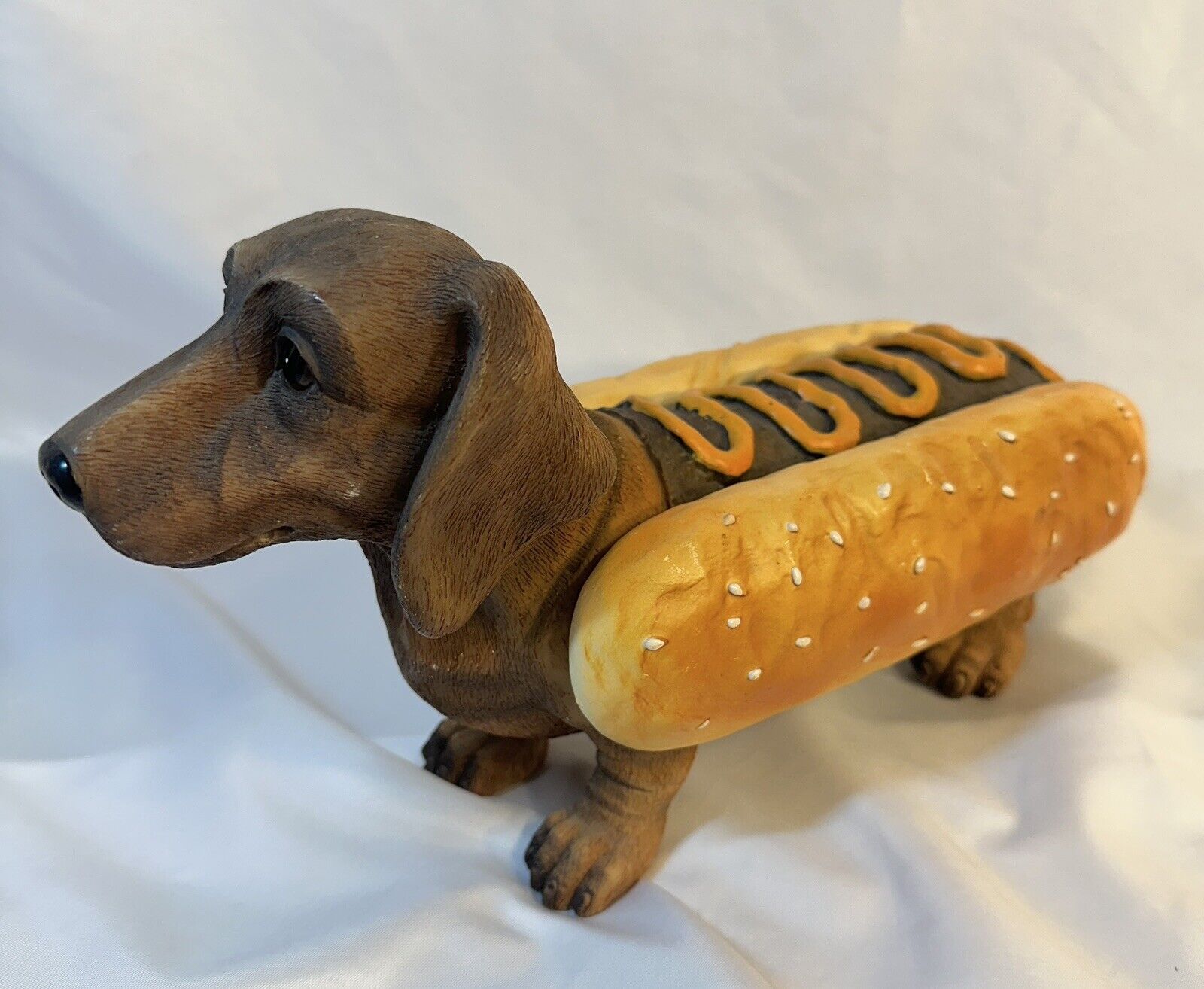 Weiner Hot Dog Dachshund In A Bun Figurine Doggie Pup Statue 12X7” Mustard Top