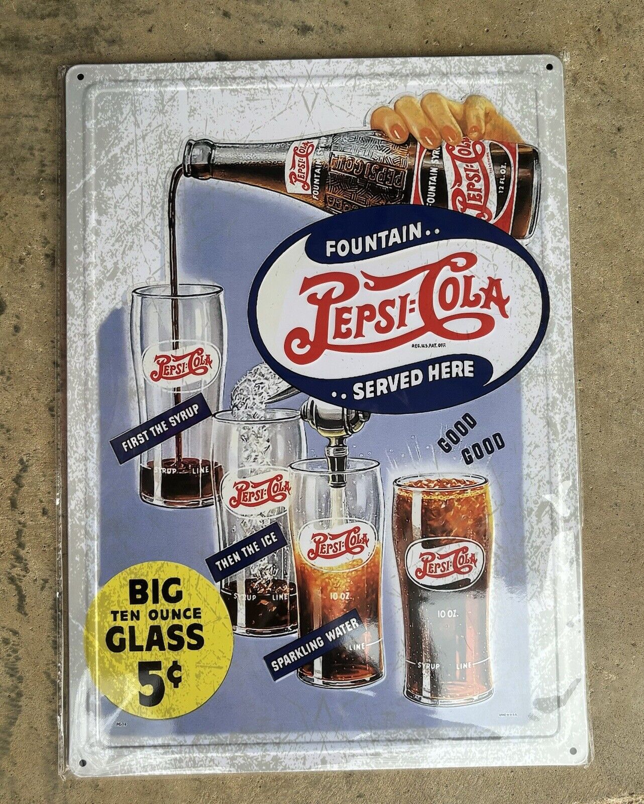 Pepsi Cola 10 oz Bottle and Glass Soda Pop Beverage Soft Drink Metal Sign 17x12”