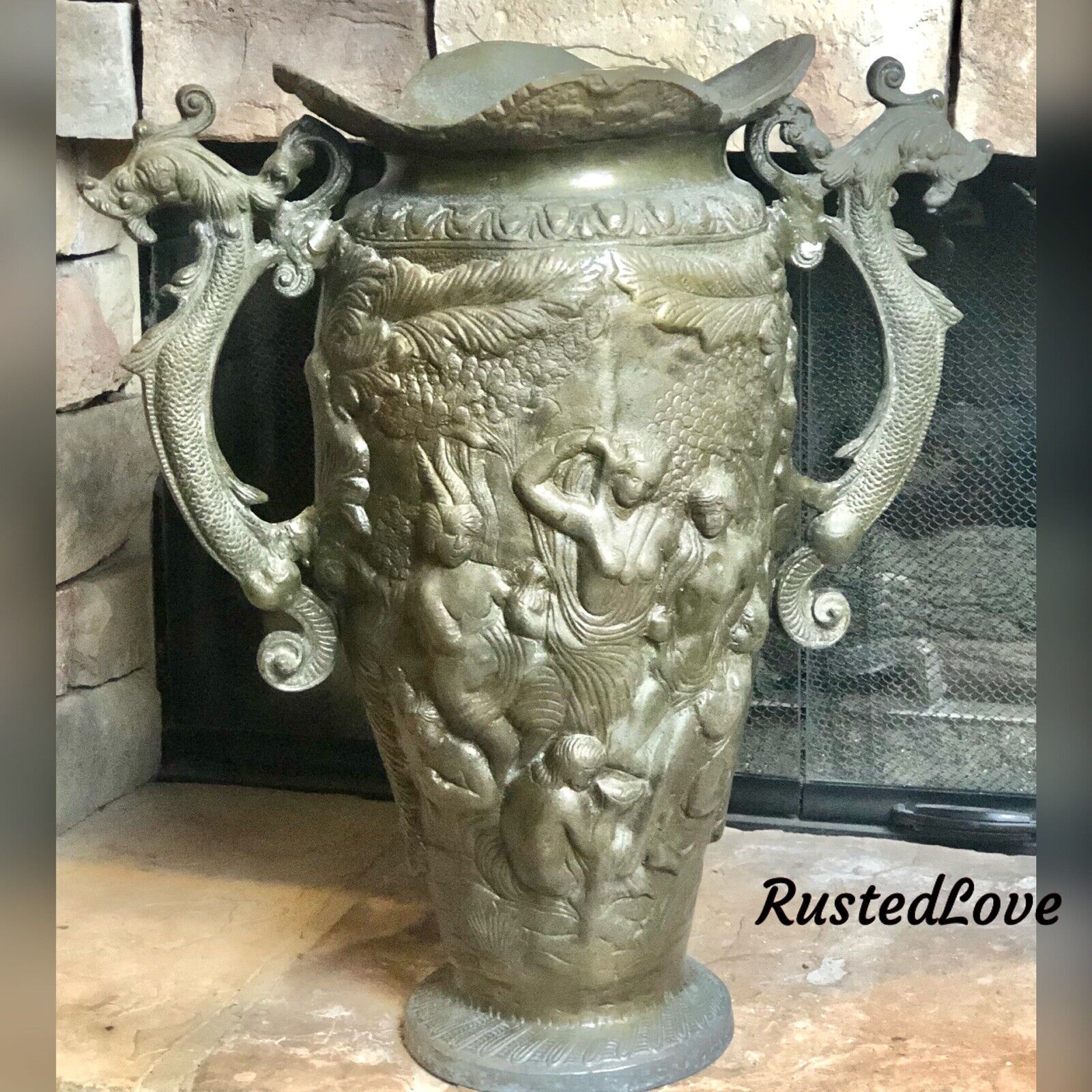 Metal Vase 21' Neoclassical Urn Dragons, cherubs Vintage XL Heavy 21.5