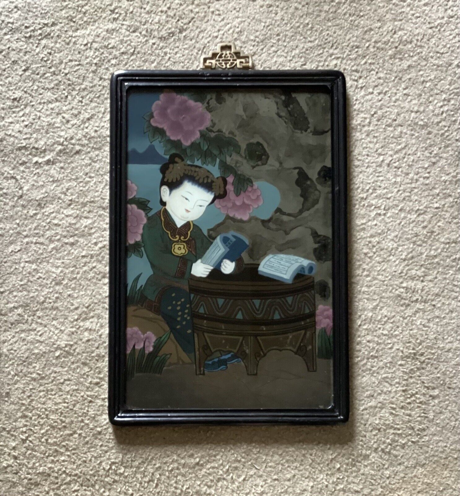 VTG/Antique R.O.C. Chinese Reverse Glass Painting, Girl Reading Book