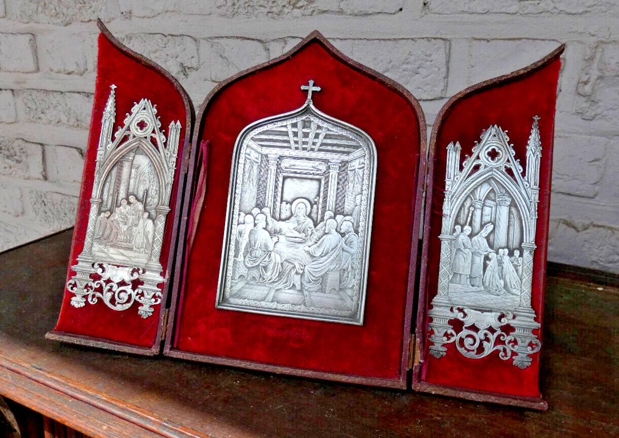 Antique French neo gothic Metal Velvet triptych first communion gift 19thc stand