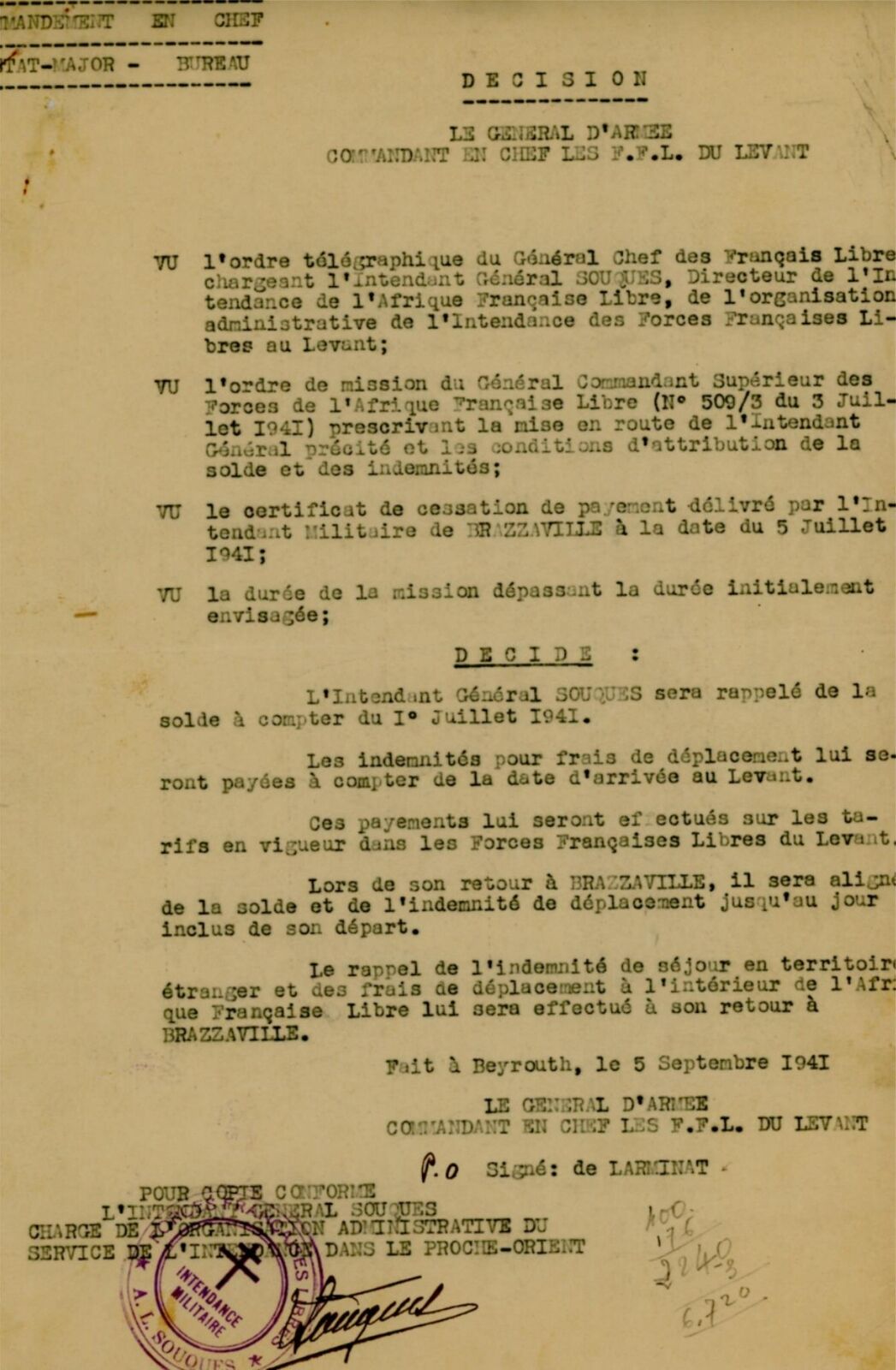 1941 FREE FRENCH in LEBANON, RARE military DOCUMENT SIGNED