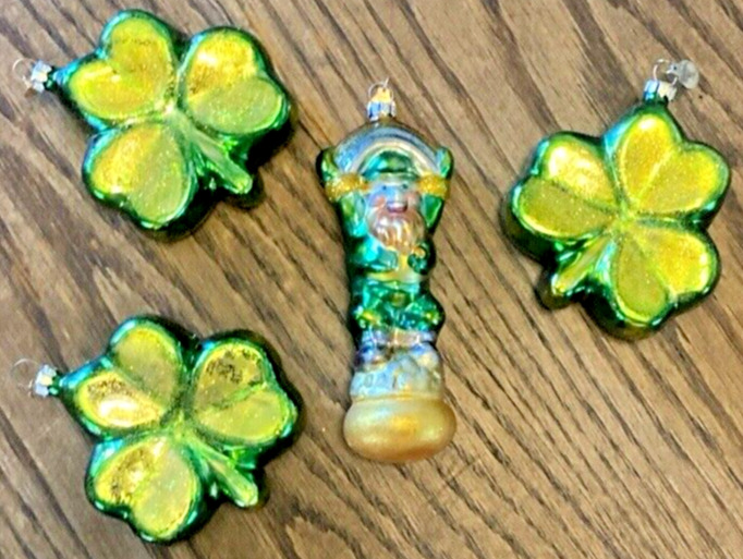 Vintage Dept. 56 Glass Ornaments Shamrocks Lepruchuan Irish St. Patricks Day