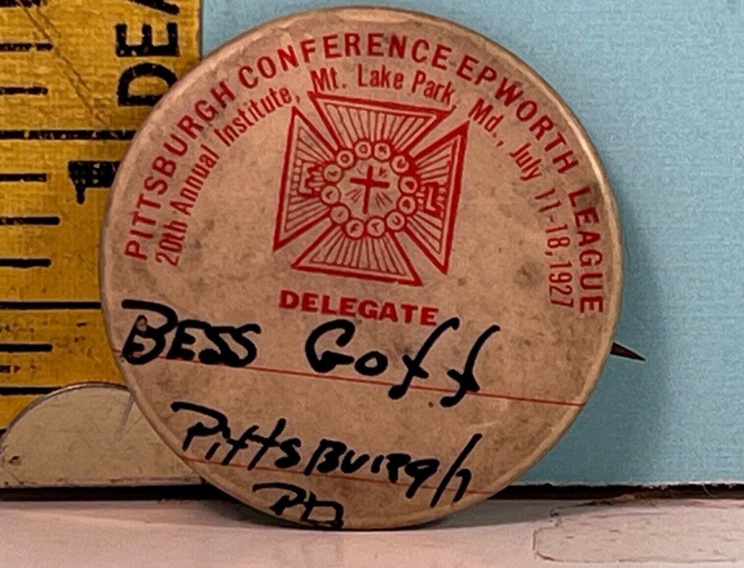 1927 Pittsburgh Conference Epworth League Look Up Lift Up Pinback Button