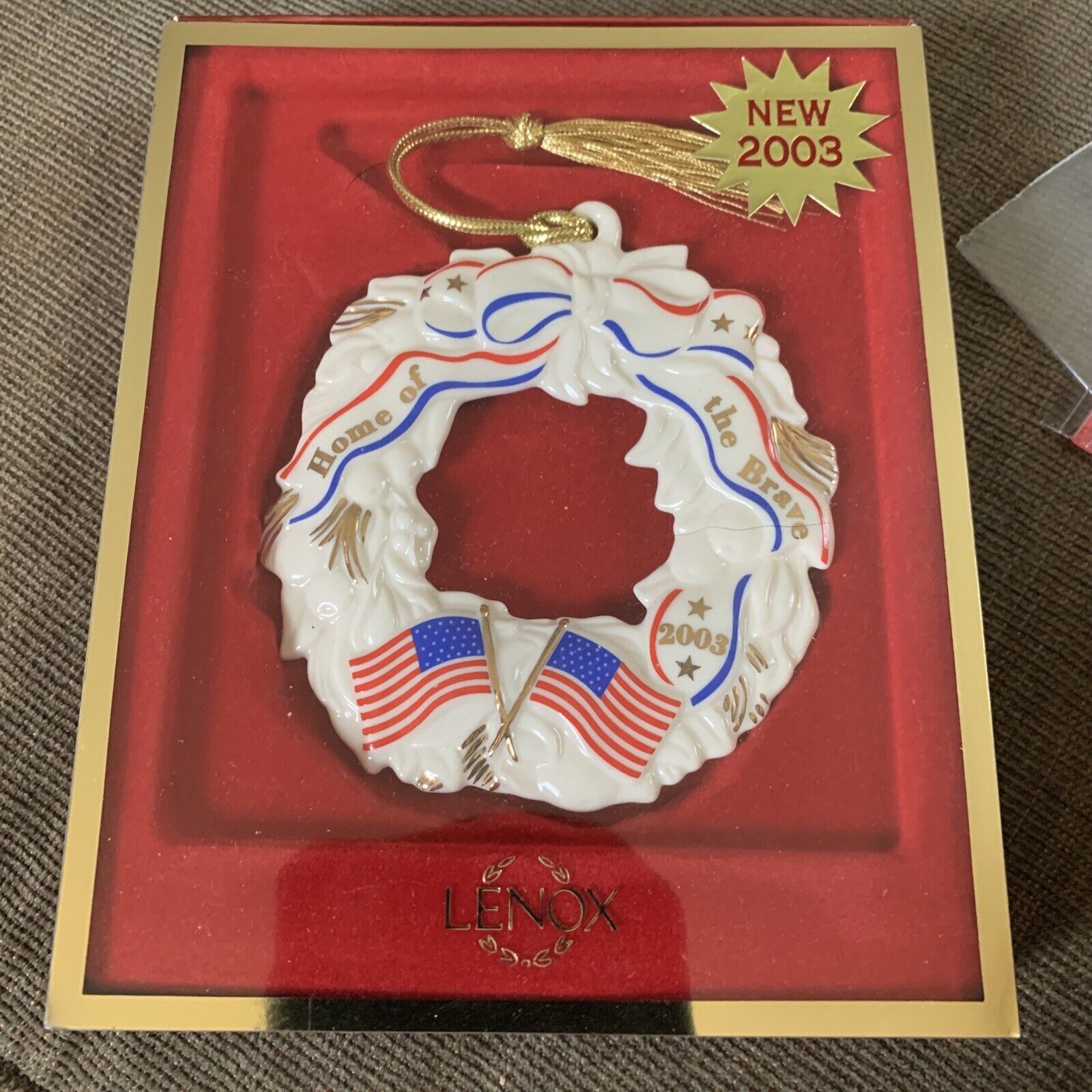 Lenox 2003 Home of the Brave Patriotic Wreath 4” Ornament USA Flag
