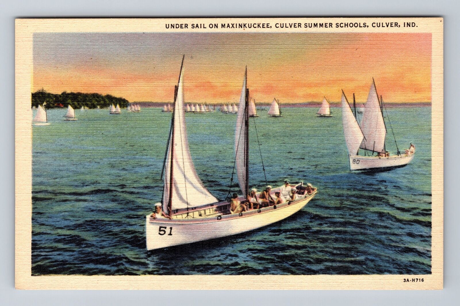 Culver IN-Indiana, Under Sail on Maxinkuckee, Yachting Vintage Postcard