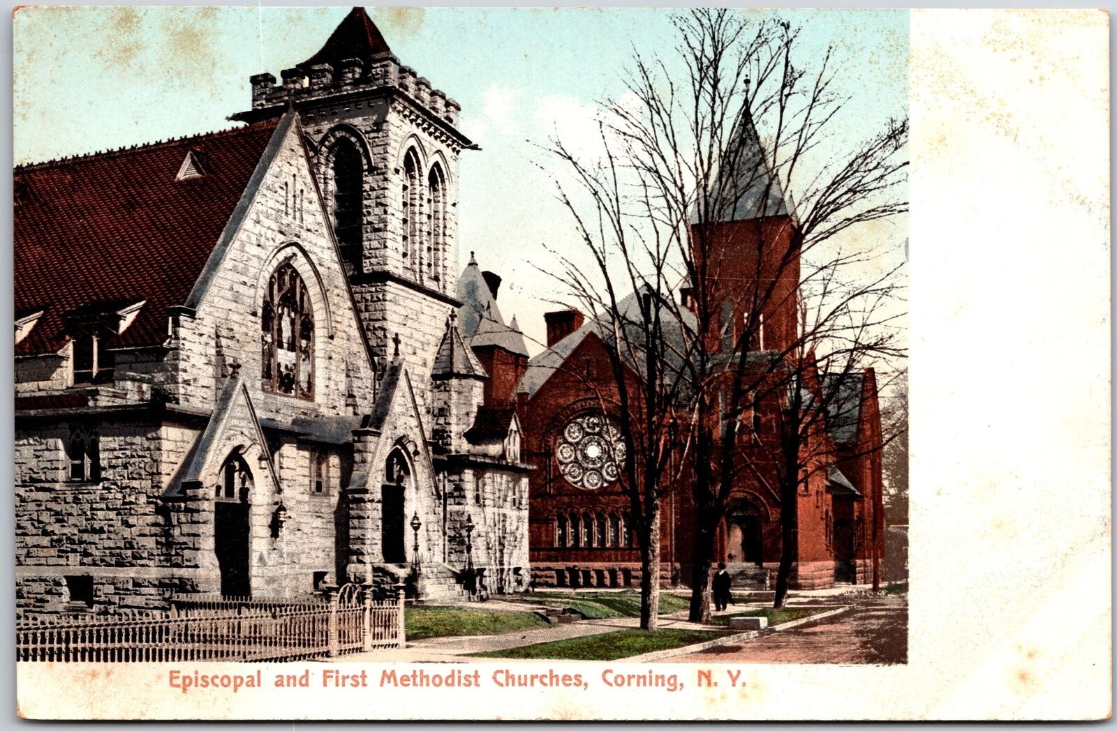 Corning NY-New York, Episcopal &First Methodist Churches Parish Vintage Postcard
