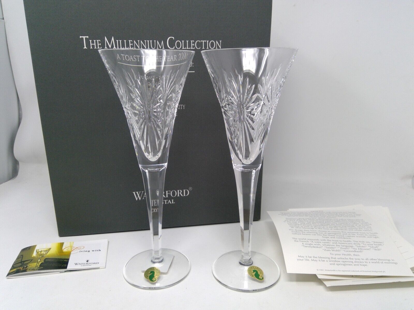 Pair of NIB Waterford Crystal Millennium Collection Health Toasting Flutes