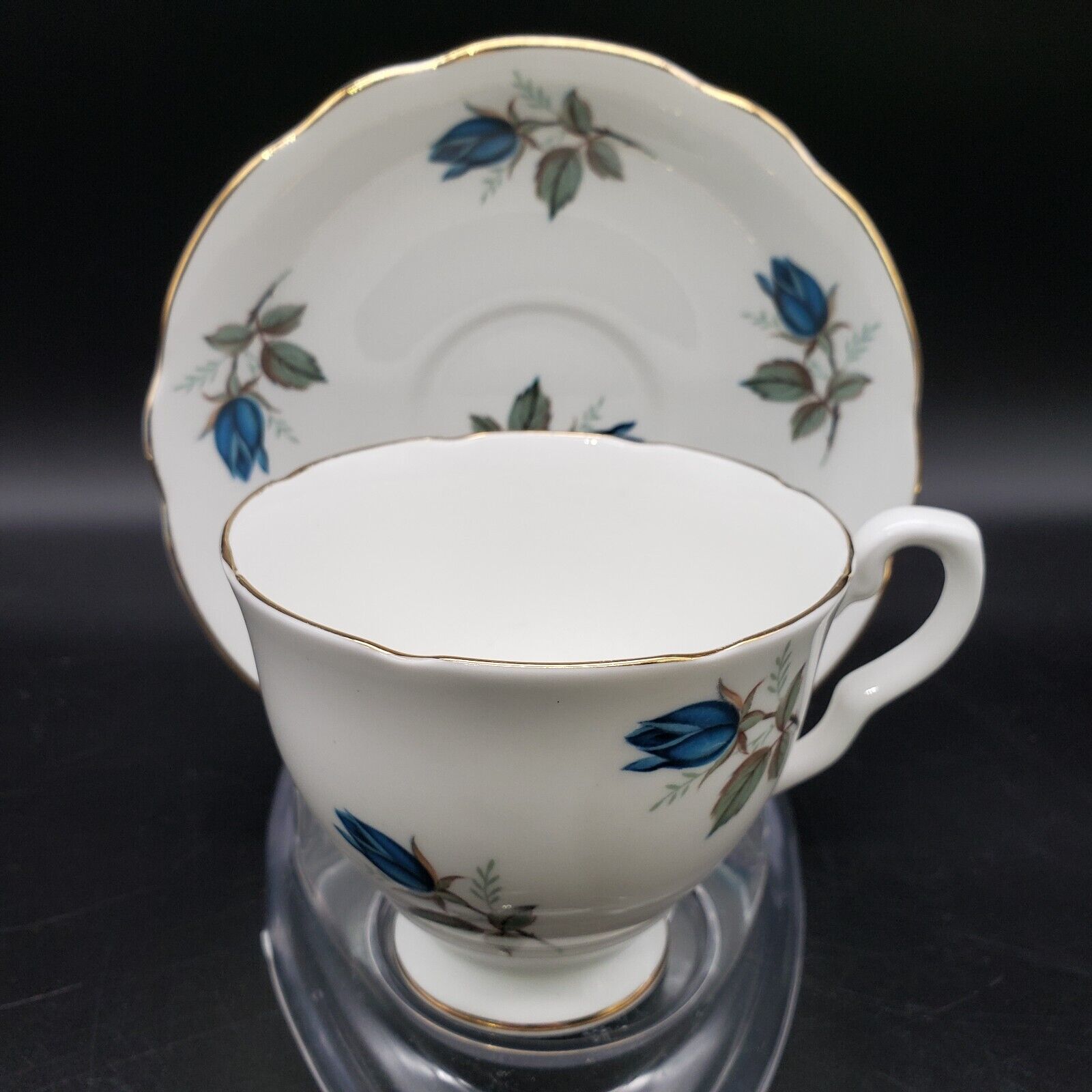 Vintage Royal Imperial Finest Bone China Footed Cup and Saucer Blue Rose England