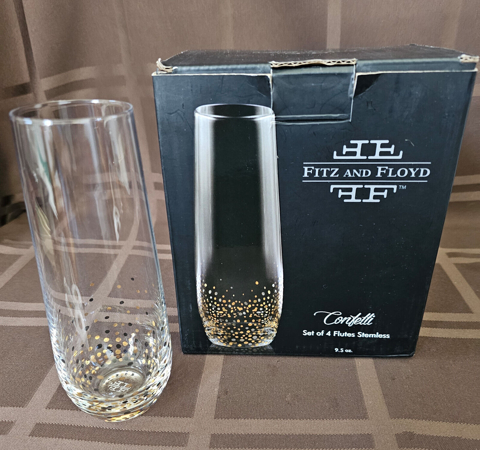 Fitz and Floyd Confetti Black and Gold Stemless Champagne Flutes (Set of 4) NIB
