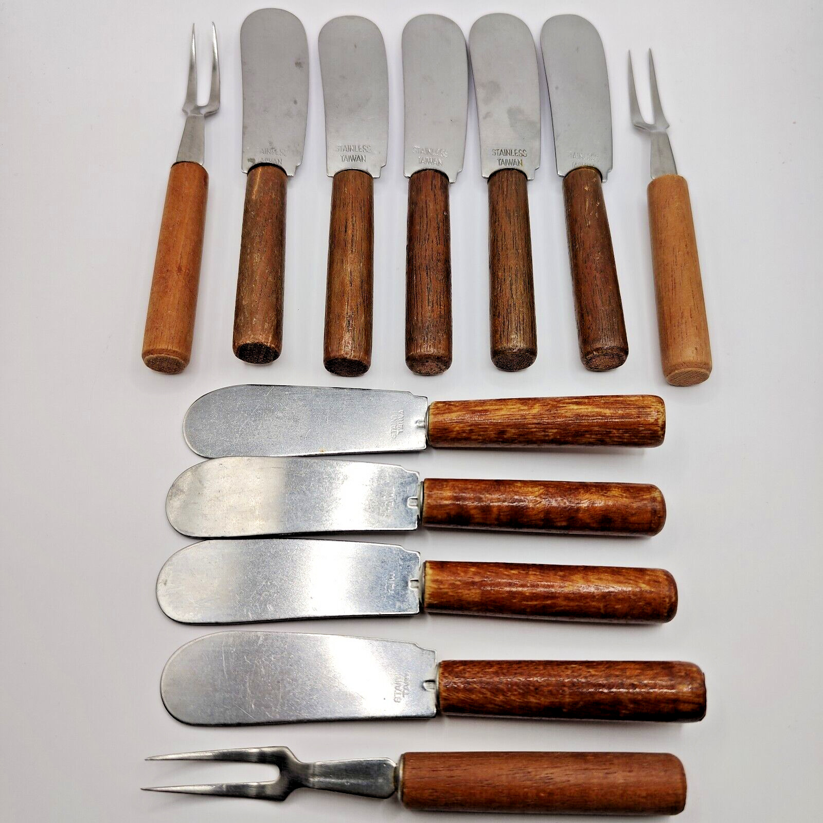 12 Vintage Wood Handle Charcuterie Forks (3) Spreaders (9)  Stainless Steel MCM