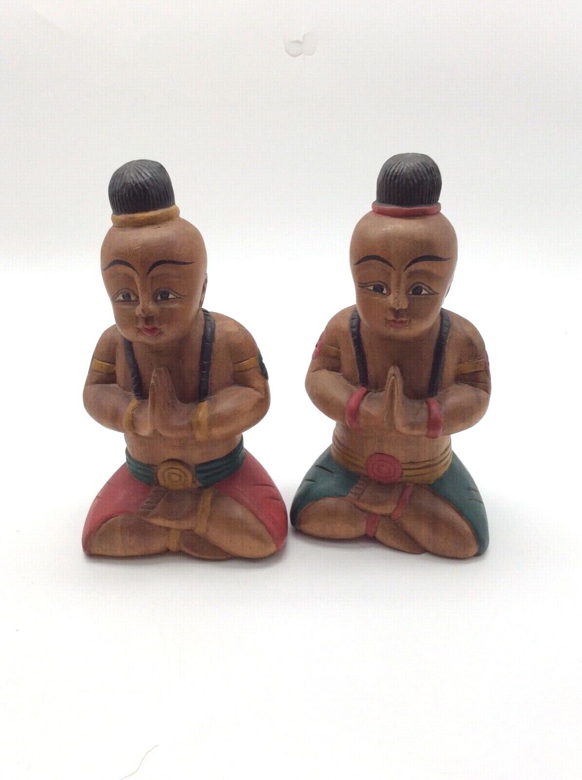 Vintage Pair of Chinese Asian Boy Praying Hand Painted  Wood Sculptures