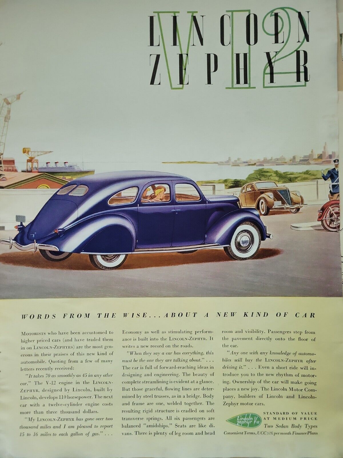 1936 blue Lincoln Zephyr new kind of car word from the wise vintage ad