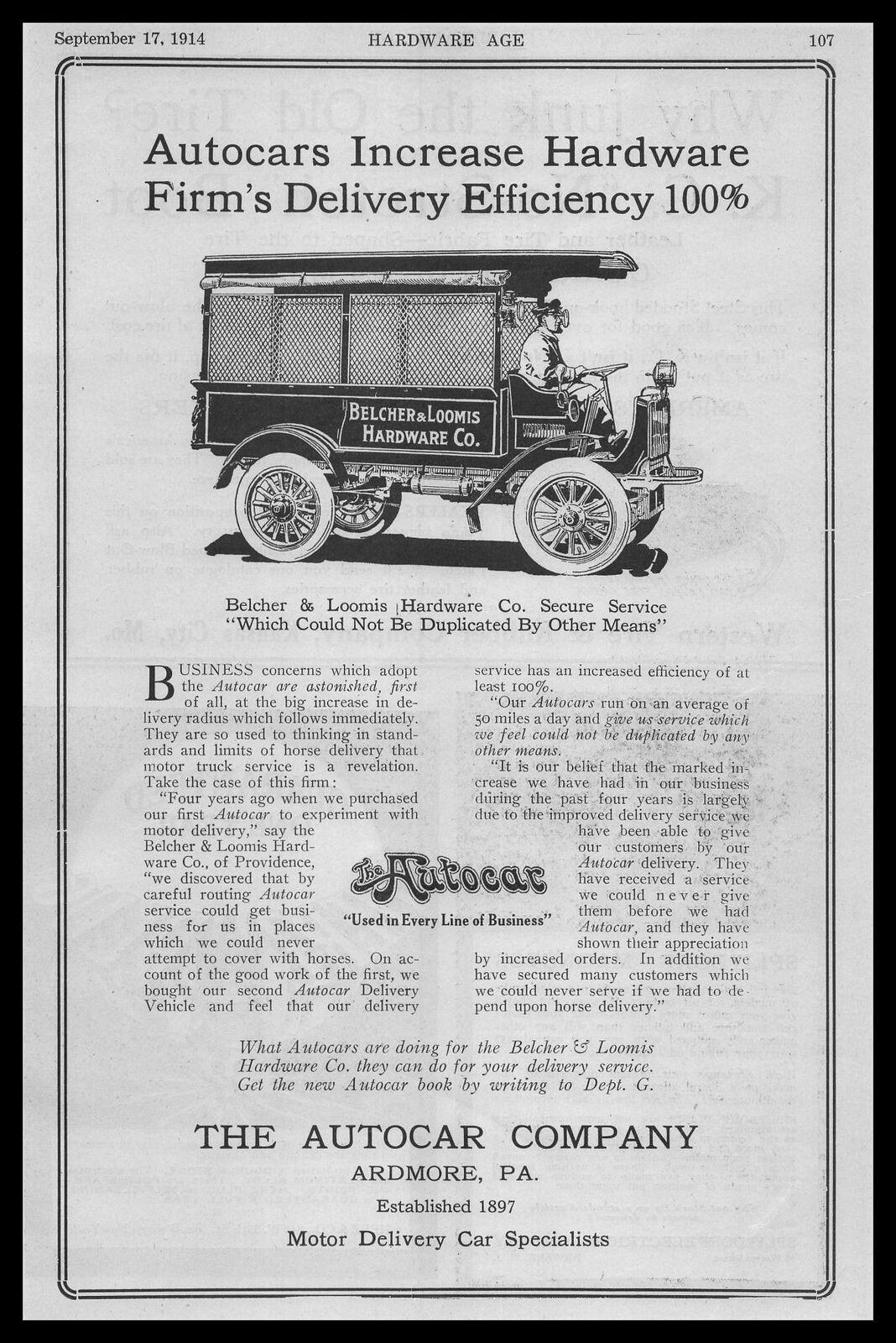 1914 Autocar Ardmore PA Belcher & Loomis Hardware Providence RI Truck Print Ad