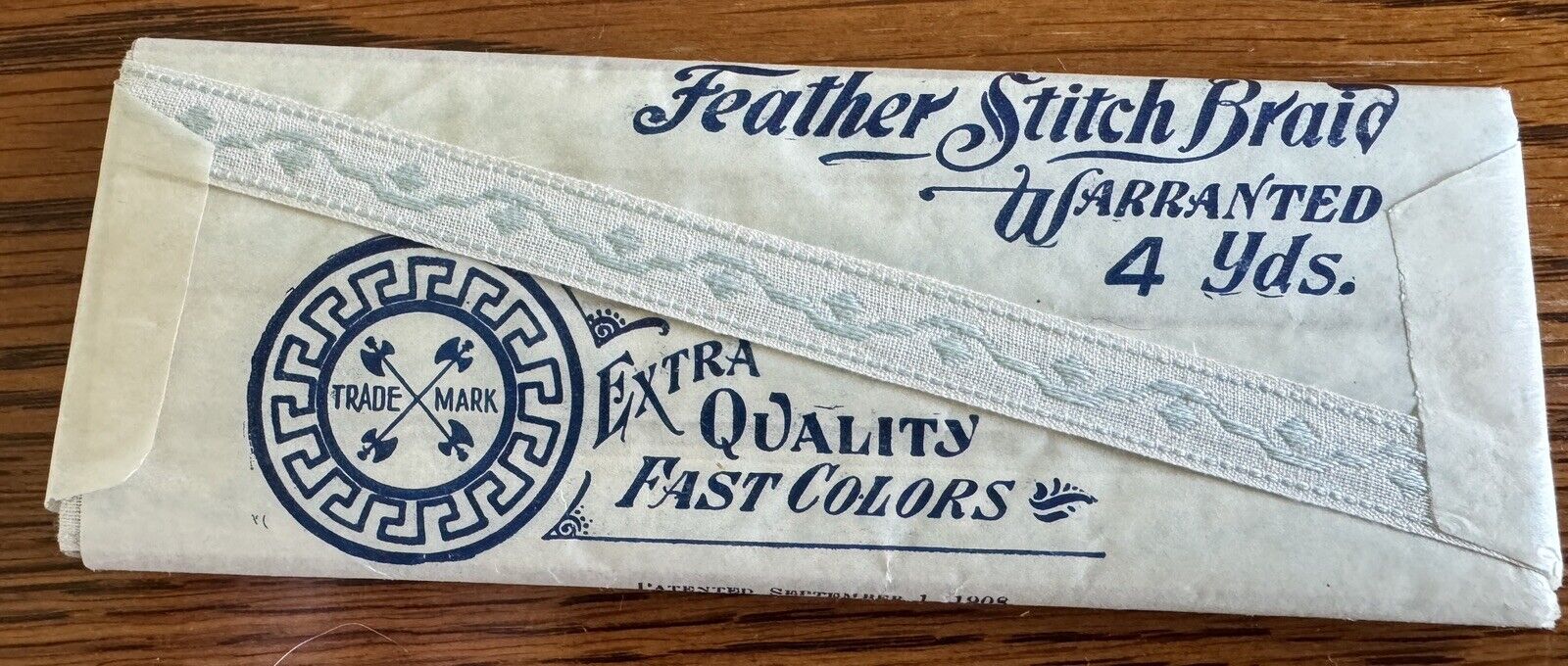 Antique Feather Stitch Braid Original Package Light Blue On White