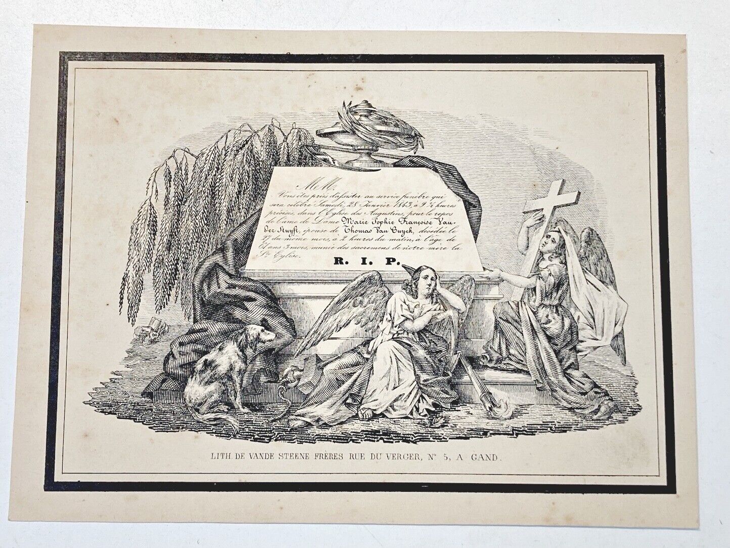 rare Belgian Trade Card 1843 named death memorial mourning litho rare DOG