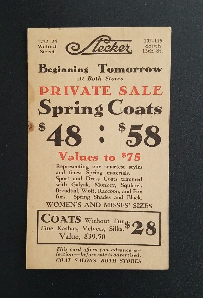 1929 Stecker Retail Store Private Sale Informational Postcard ~ Philadelphia, PA