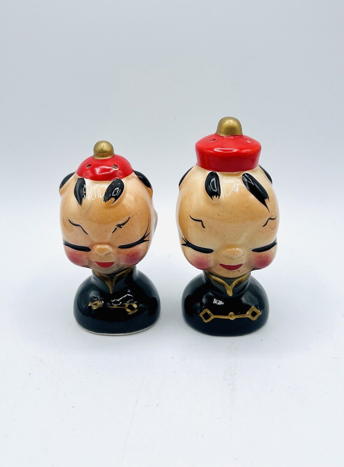 Vintage 1920-40s Asian Japanese Kids Salt & Pepper Shakers 3.5” Kitsch Pair MCM