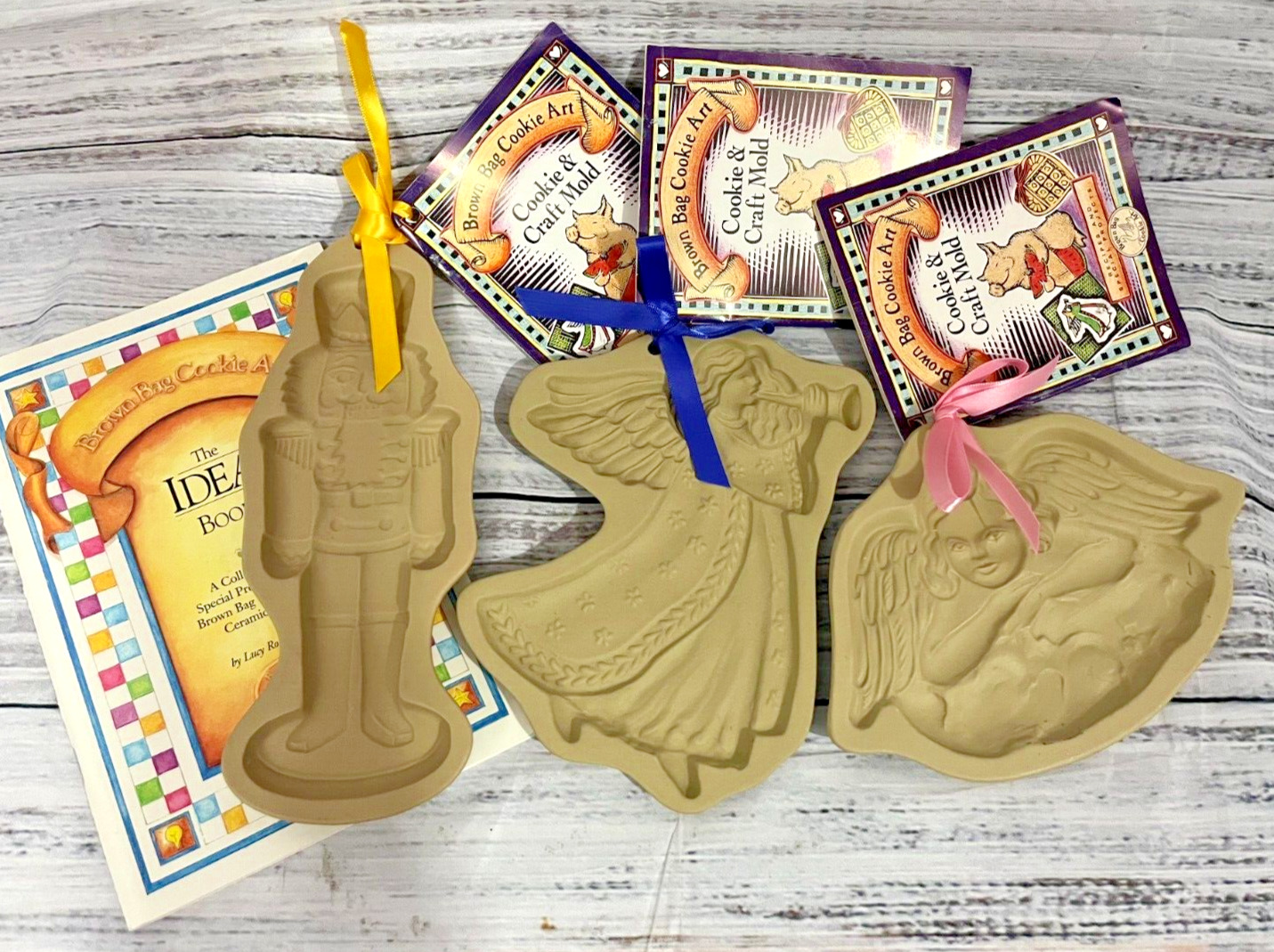 4 pc Lot Brown Bag Cookie Molds Christmas Soldier Angel Gabrielle Recipe Book