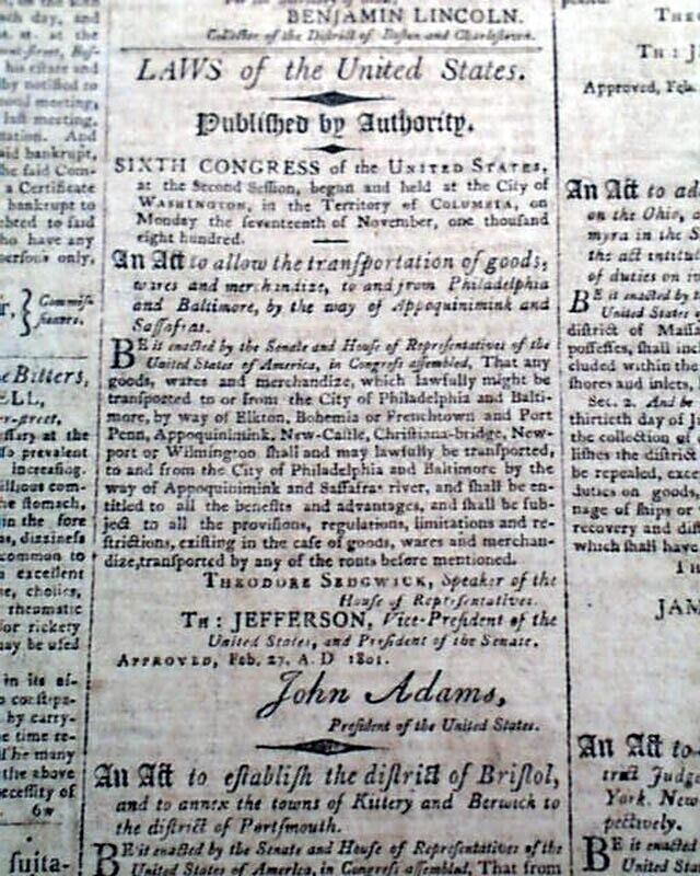 6 Acts of Congress Signed by John Adams & Thomas Jefferson 1801 U.S. Newspaper