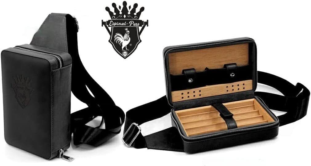 Espinal Puro Cedar Wood Lined Cigar Humidor Leather Cross-Body Portable Travel