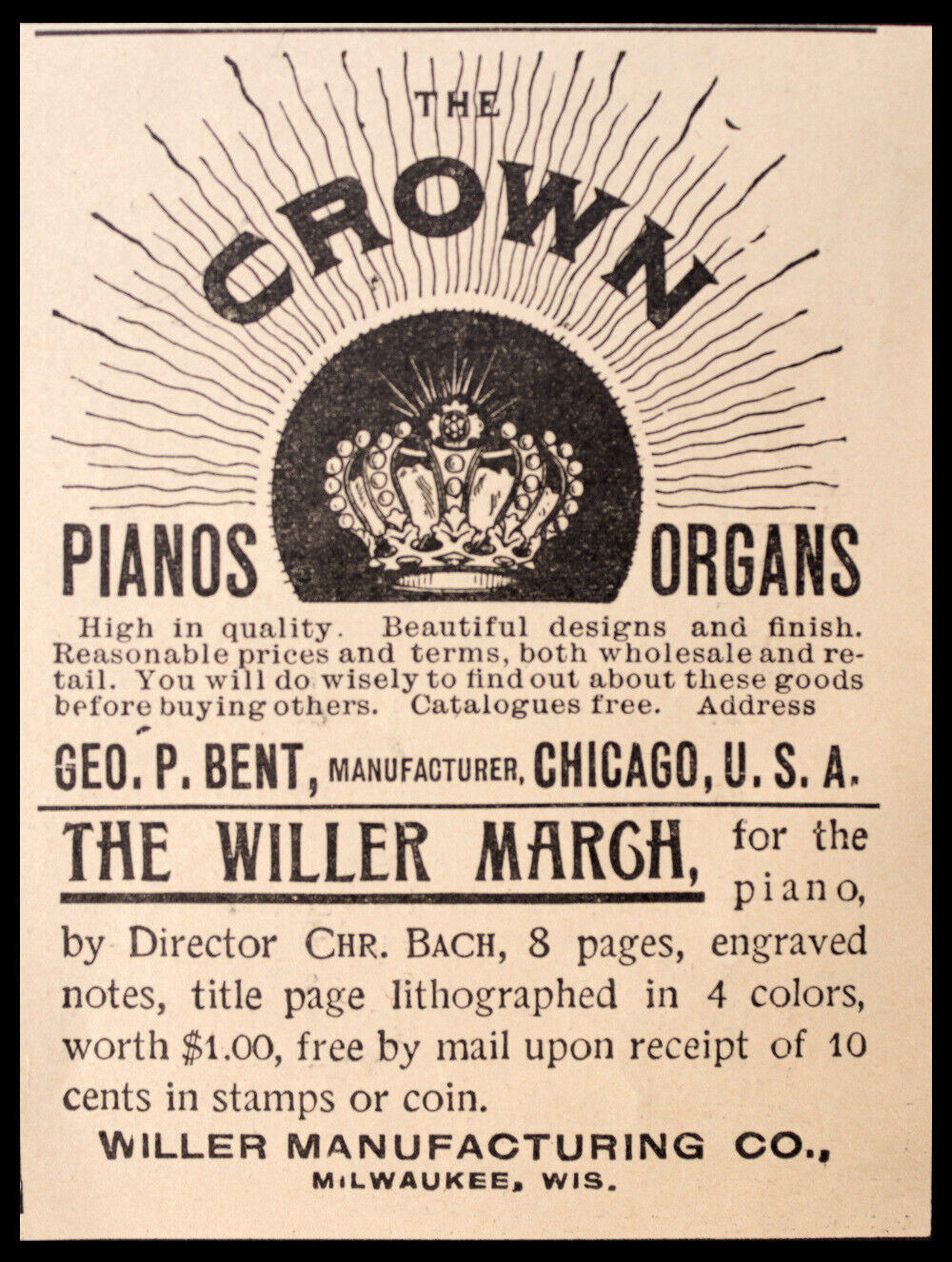 Original Antique 1891 CROWN PIANOS & ORGANS Vtg PRINT AD