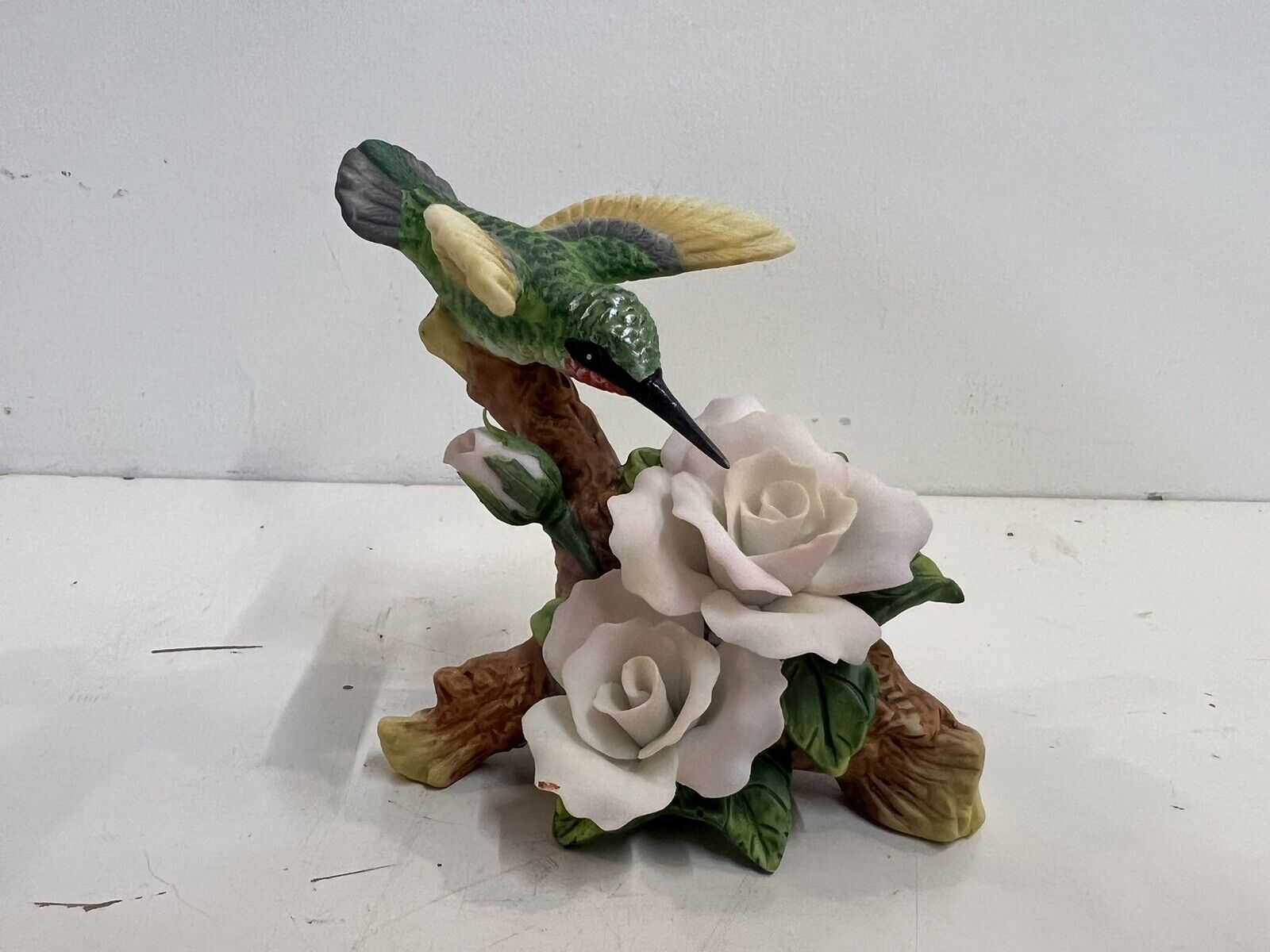 Vintage Hummingbird on Branch with Pink Flowers Porcelain Figurine 