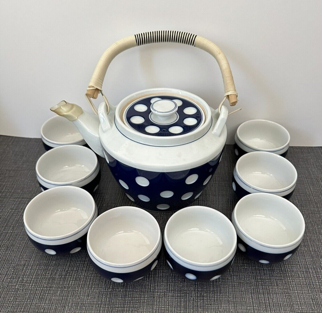 Vintage Japanese Blue & White Porcelain Tea Pot with White Polka Dots and 8 Cups