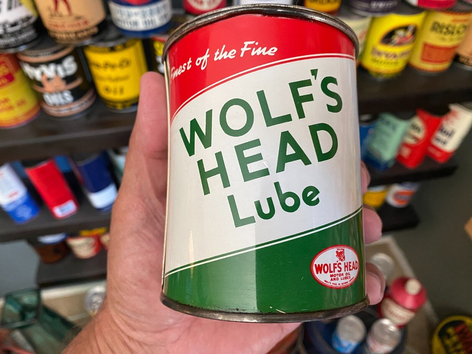 VINTAGE~ FULL NOS~ WOLF\'S HEAD 1-POUND GREASE CAN IN EXCELLENT CONDITION~ NICE