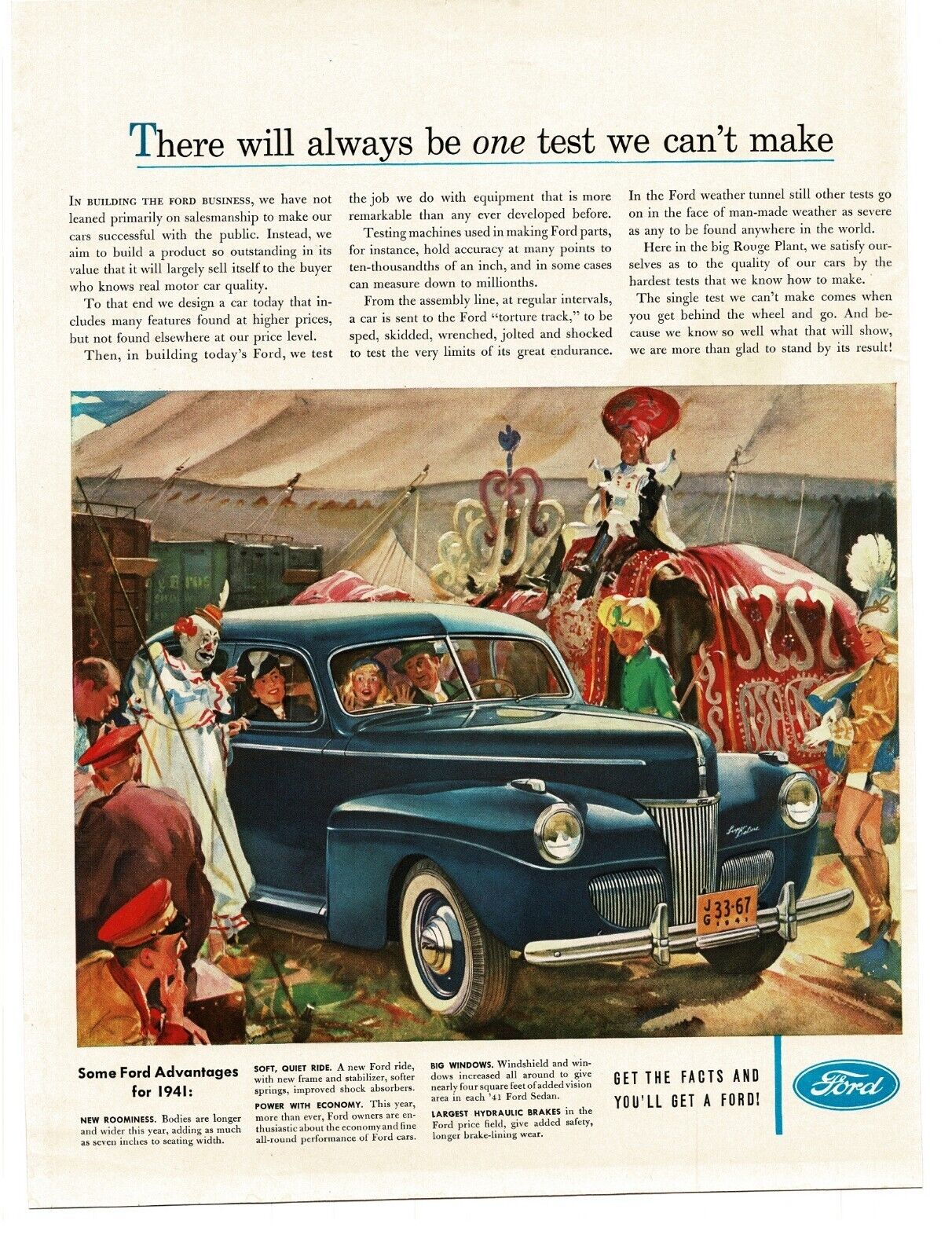 1941 Ford Super DeLuxe Blue 2-door Sedan Circus Clown art Vintage Print Ad
