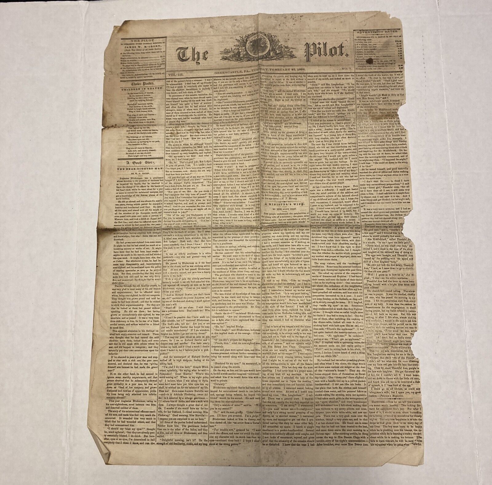 Original Civil War Newspaper THE PILOT Greencastle PA Feb. 25, 1862 Franklin RR