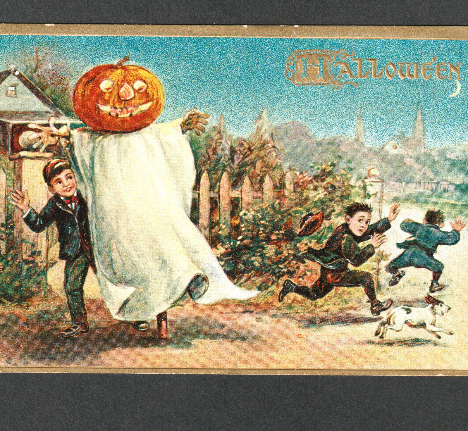 Tuck 183 Halloween Ghost JOL Pumpkin Boy's Prank Scarecrow Dog Church PostCard