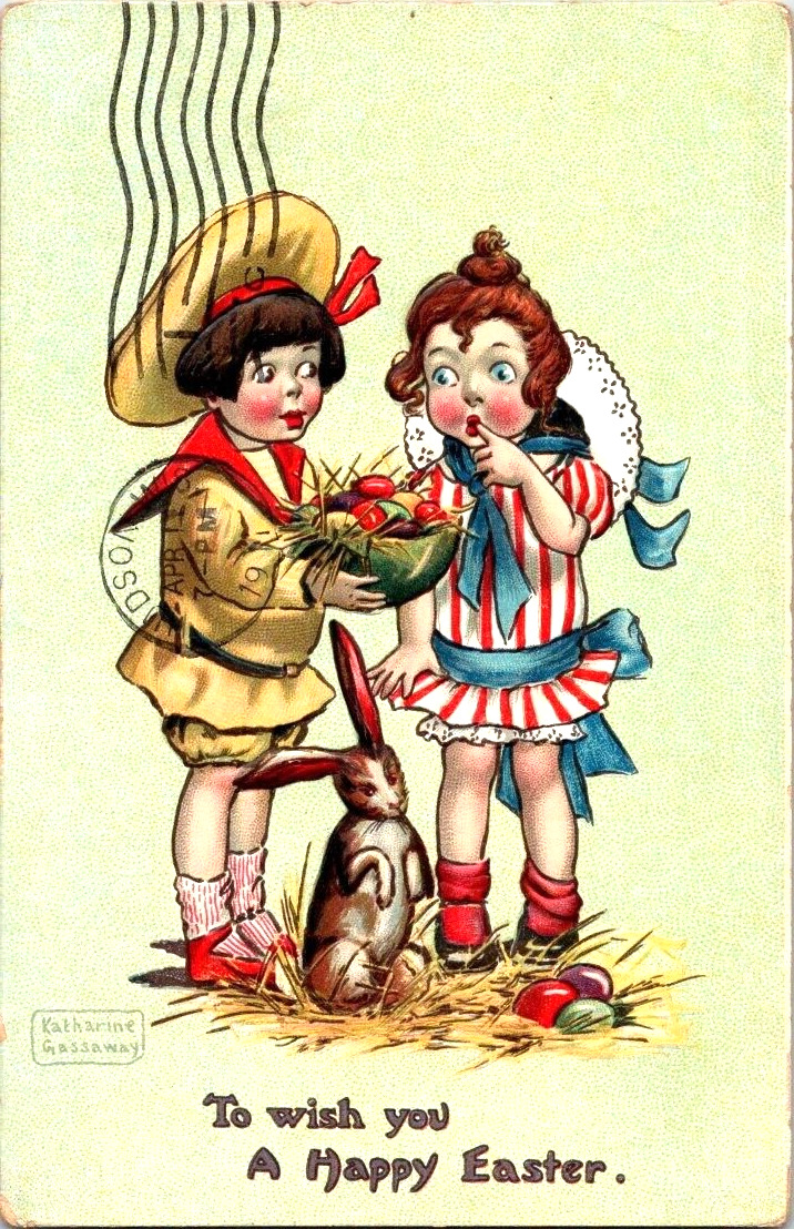 VINTAGE 1911 TUCK\'S POSTCARD 2 LITTLE GIRLS WITH BUNNY & EGGS SIGNED K. GASSAWAY