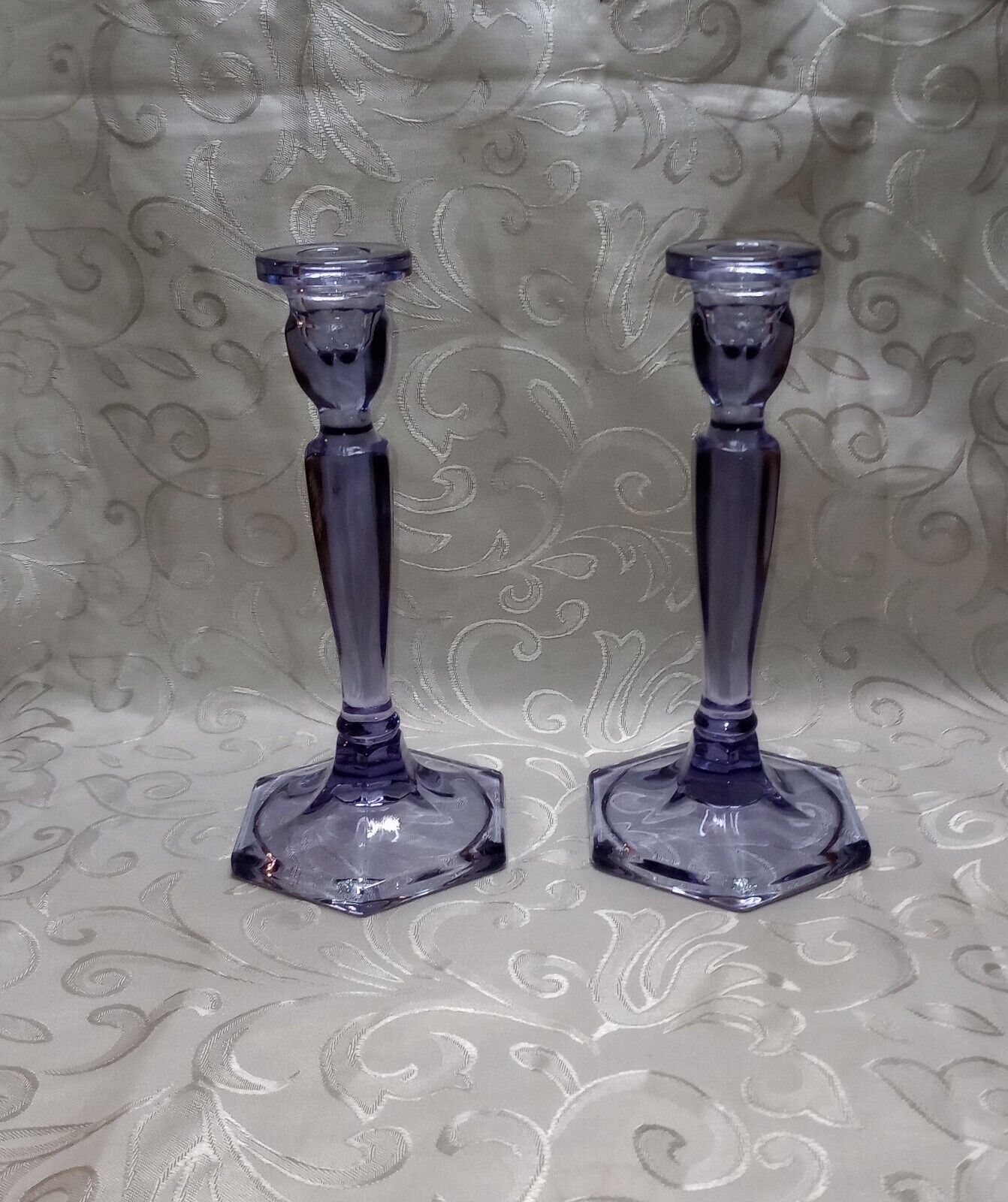Pair Of Glass 8.5in Lavender Candle Holders