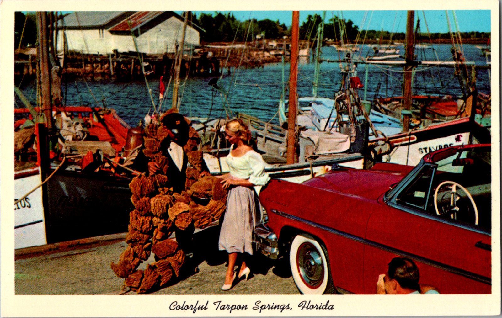Vintage 1950's Fishing Dock Tarpon Springs Woman Red Car Boats Florida Postcard