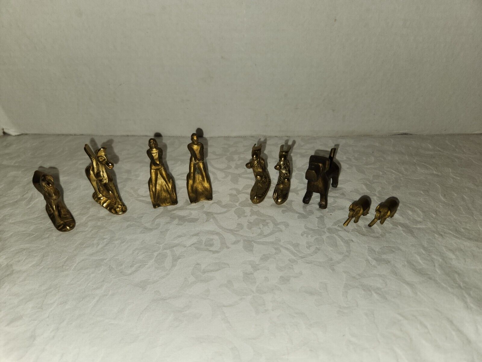9 Minature Metal Figurines, Brass Tone Finish, JapanUnicorn, + Elephantss